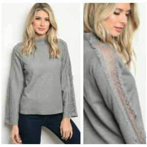 Gray Crocheted Long Sleeve Top